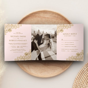 Invitation Trois Volets Mariage en dentelle rose et or