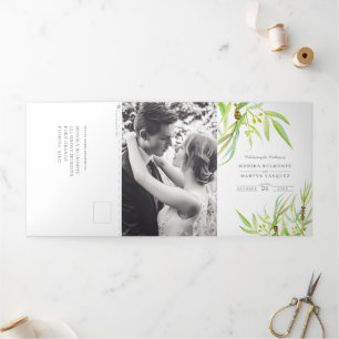 Invitation Trois Volets Mariage eucalyptus feuille vert blanc tout en un