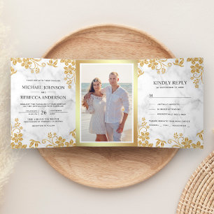 Invitation Trois Volets Mariage Feuilles Florales Marbre Blanc et Feuille