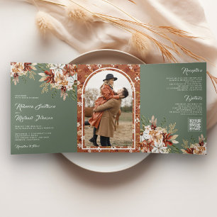 Invitation Trois Volets Mariage Fleur de Terracotta Sage Vert Sauvage