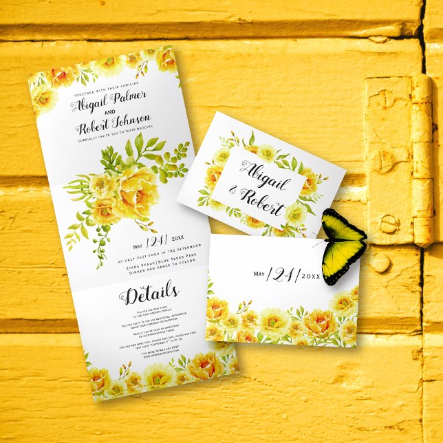 Invitation Trois Volets Mariage fleuri à fleurs d'aquarelle jaune (Créateur téléchargé)