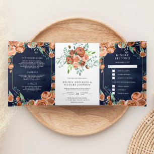 Invitation Trois Volets Mariage Fleurie Orange Brûlé Terreux Bleu Nuit