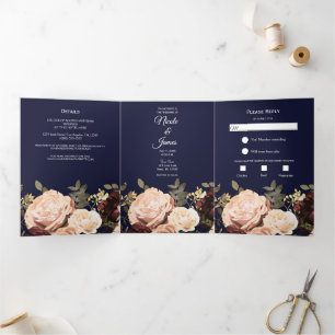 Invitation Trois Volets Mariage Fleurs de mariage verdure bleu marine
