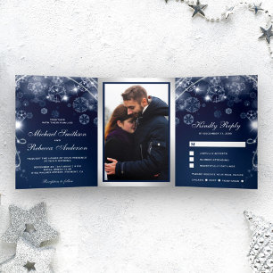 Invitation Trois Volets Mariage Flocons de Neige Pays des Merveilles Hiver