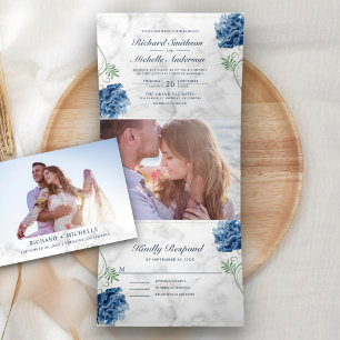 Invitation Trois Volets Mariage Floral aux Hydrangeas Bleu Poussiéreux et