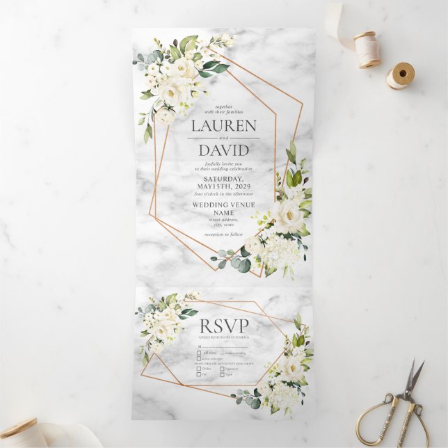 Invitation Trois Volets Mariage floral blanc blanc en marbre géométrique c (Intérieur)