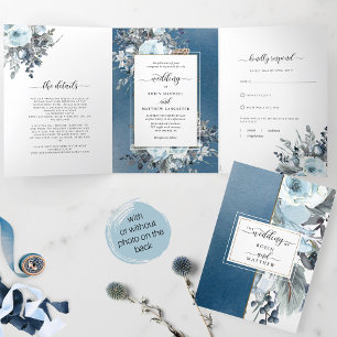 Invitation Trois Volets Mariage Floral Bleu Tenue Unique avec RSVP