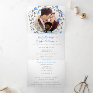 Invitation Trois Volets Mariage Floral de Pivoine Bleue Elégante