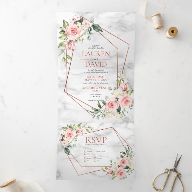 Invitation Trois Volets Mariage floral d'Eucalyptus de marbre géométrique  (Intérieur)