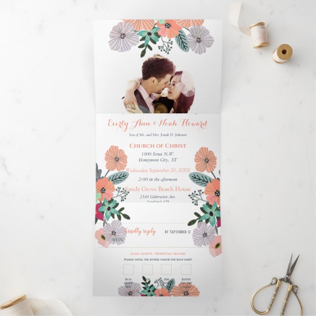 Invitation Trois Volets Mariage Floral Lavande Rose Pêche (Intérieur)