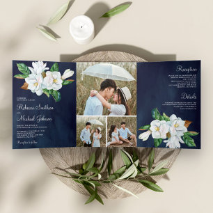 Invitation Trois Volets Mariage Floral Magnolia Blanc Rustique Bleu Marine