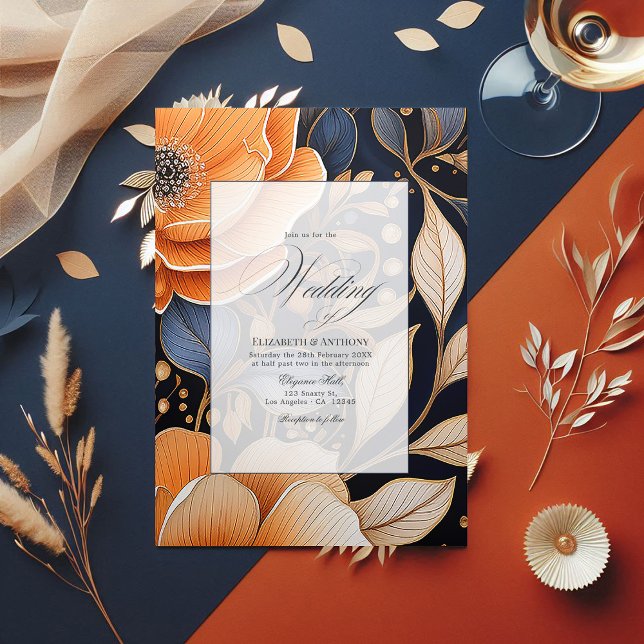 Invitation Trois Volets Mariage floral marine, orange brûlé et champagne (Navy, Burnt Orange and Champagne Floral Wedding Tri-Fold Invitation)