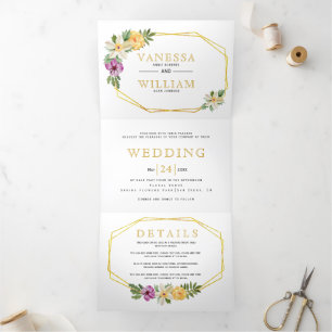 Invitation Trois Volets Mariage floral or géométrique polygone aquarelle