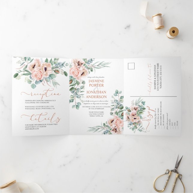 Invitation Trois Volets Mariage floral rose et ivoire (Intérieur)