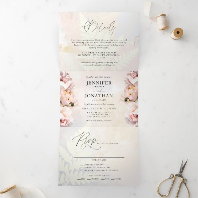 Invitation Trois Volets Mariage Floral Rose Pâle Élégant  (Intérieur)