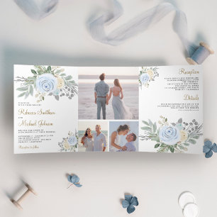 Invitation Trois Volets Mariage Floral Rustique Bleu Poussiéreux et Ivoire