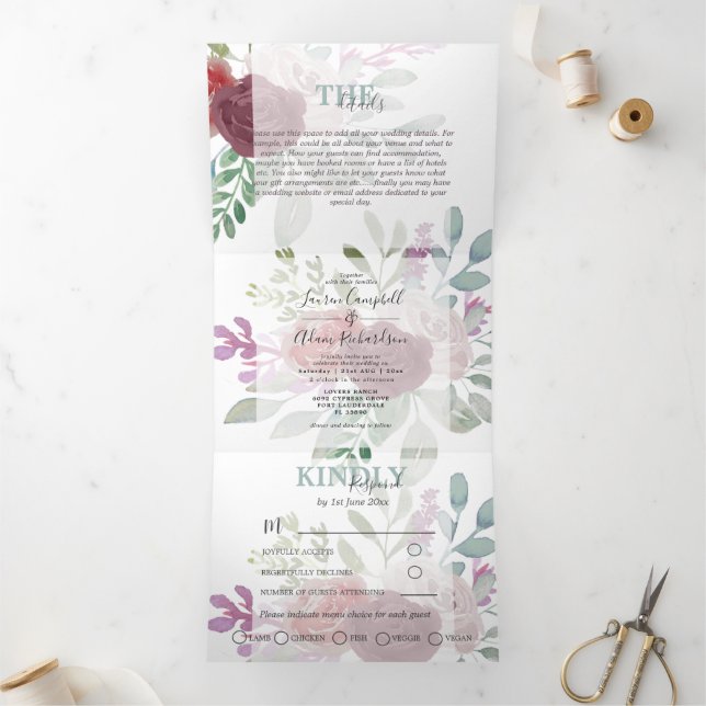 Invitation Trois Volets Mariage floral rustique Bourgogne (Intérieur)