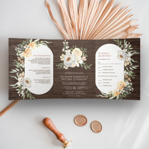 Invitation Trois Volets Mariage Floral Rustique Grange Bois Boho Earthy Pe