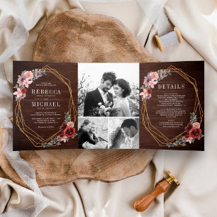 Invitation Trois Volets Mariage floral rustique rose bordeaux