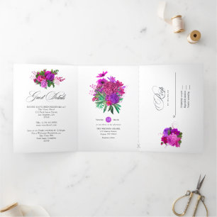 Invitation Trois Volets Mariage Floral Shabby Fuchsia et Violet Vintage
