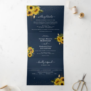 Invitation Trois Volets Mariage Floral Tournesol Bleu Marine Rustique