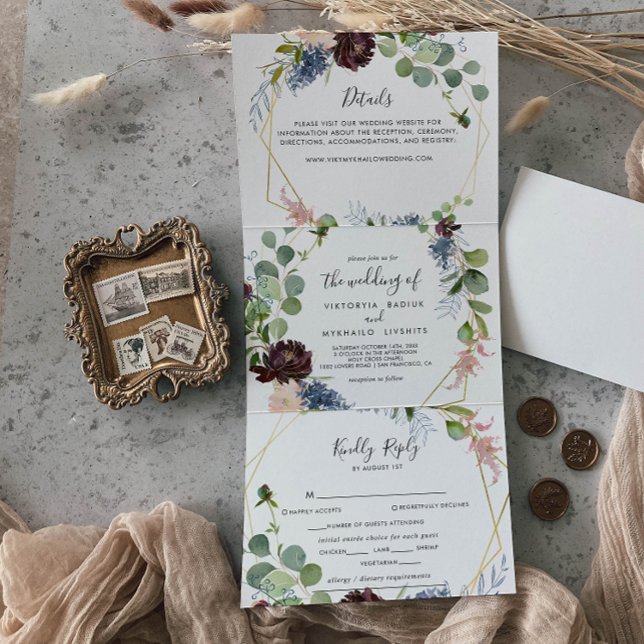 Invitation Trois Volets Mariage géométrique Bourgogne Gold (Créateur téléchargé)