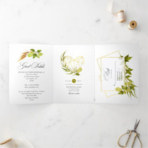 Invitation Trois Volets Mariage géométrique vert et or Willow Beer