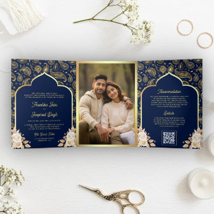 Invitation Trois Volets Mariage indien Code QR Floral Paisley Or et Bleu