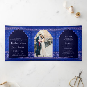 Invitation Trois Volets Mariage indien de style Bleu et Sliver Bollywood