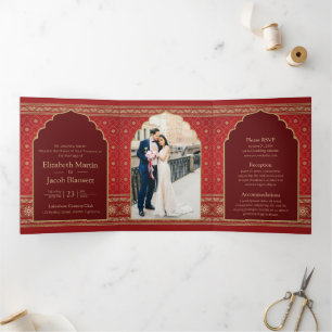 Invitation Trois Volets Mariage indien de style Bollywood rouge et or