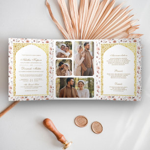 Invitation Trois Volets Mariage indien doré floral et terreux tout-en-un