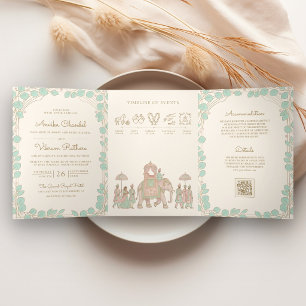 Invitation Trois Volets Mariage indien éléphant Baraat pastel traditionnel