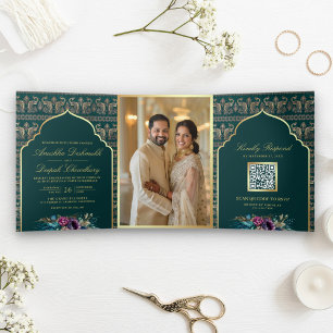 Invitation Trois Volets Mariage Indien Floral à Motif Paon Or Sarcelle