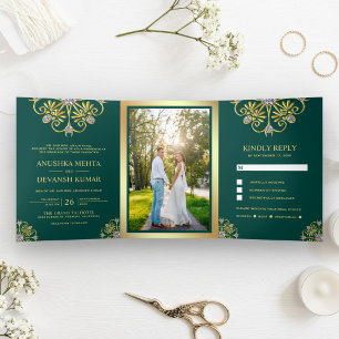 Invitation Trois Volets Mariage indien Mandala traditionnel vert et or