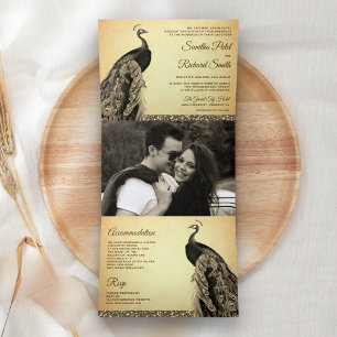 Invitation Trois Volets Mariage Indien Paon Sépia Brun Rustique Vintage