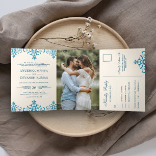 Invitation Trois Volets Mariage indien traditionnel élégant en bleu damass