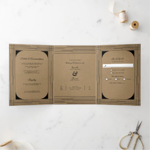 Invitation Trois Volets Mariage Kraft Noir Lignes Modernes Minimales