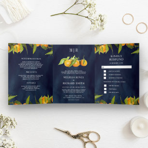Invitation Trois Volets Mariage Mandarine Citron Orange Verger Bleu Marine