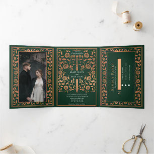 Invitation Trois Volets Mariage médiéval royal d'épée verte et cuivre