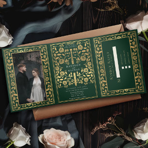Invitation Trois Volets Mariage médiéval royal vert