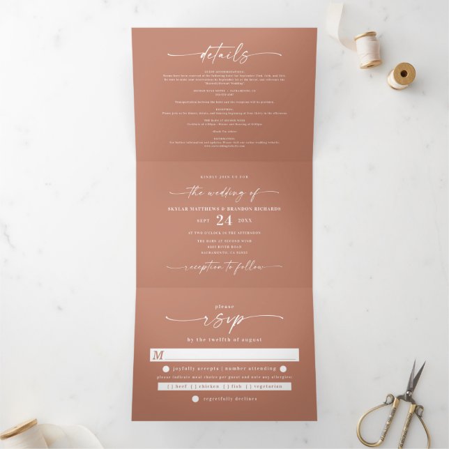 Invitation Trois Volets Mariage minimal en terre cuite simple en terre cui (Intérieur)