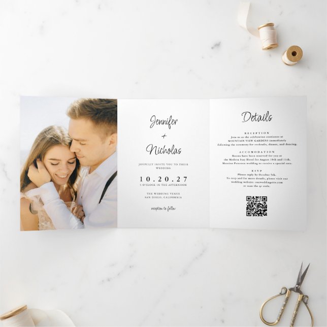Invitation Trois Volets Mariage minimal moderne RSVP détails QR Code photo (Intérieur)