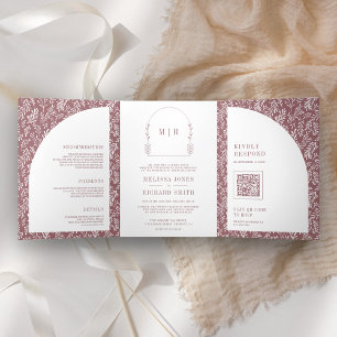 Invitation Trois Volets Mariage minimaliste ligne art feuille Arche Rose P