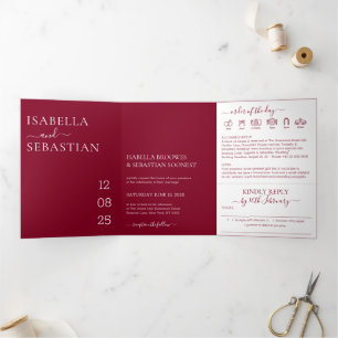 Invitation Trois Volets Mariage Minimaliste Moderne Bourgogne Tout-en-Un