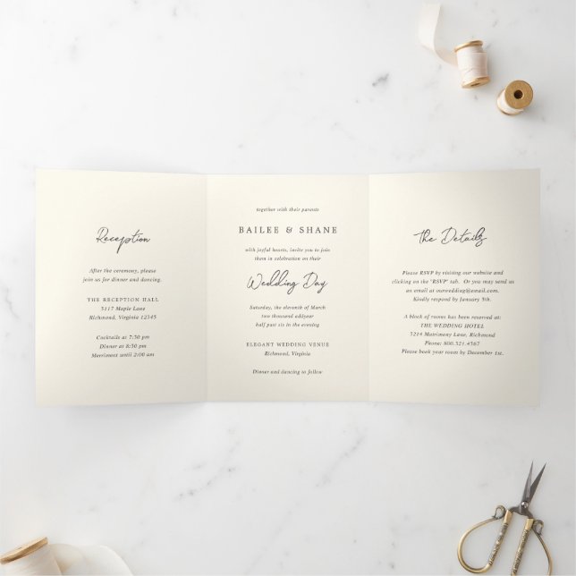 Invitation Trois Volets Mariage moderne à la crème simple (Intérieur)