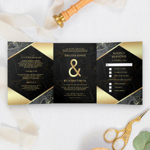 Invitation Trois Volets Mariage moderne au charbon gris or marbre esperlue
