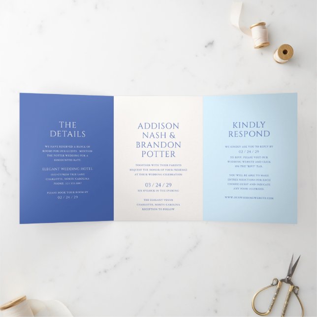 Invitation Trois Volets Mariage moderne Bleu élégant (Intérieur)