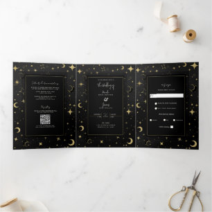 Invitation Trois Volets Mariage Moderne Céleste Lune Étoiles Noir & Or