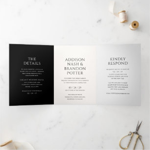 Invitation Trois Volets Mariage moderne noir et blanc élégant