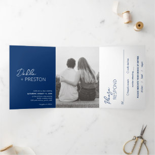 Invitation Trois Volets Mariage moderne photo bleu marine minimal